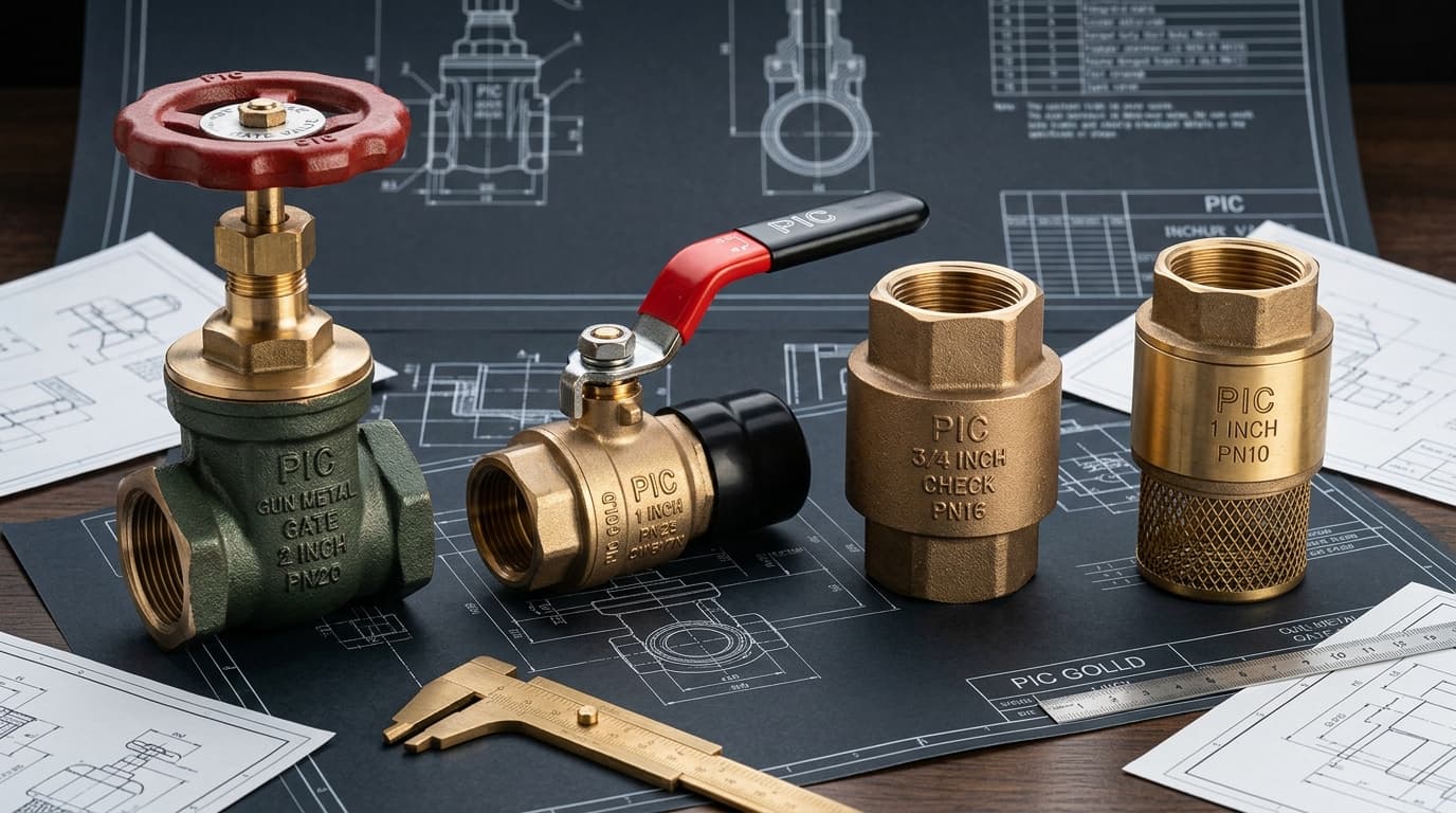 PIC Gun Metal Gate Valves, Check Valves, Ball Valves and Foot Valves with technical engineering schematics